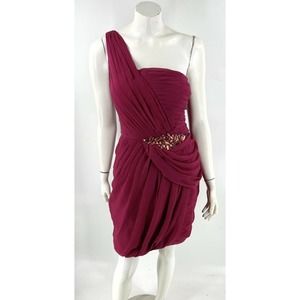 Lara Silk Cocktail Dress Size 12 Scarlet Pink Jeweled One Shoulder Pintuck NEW